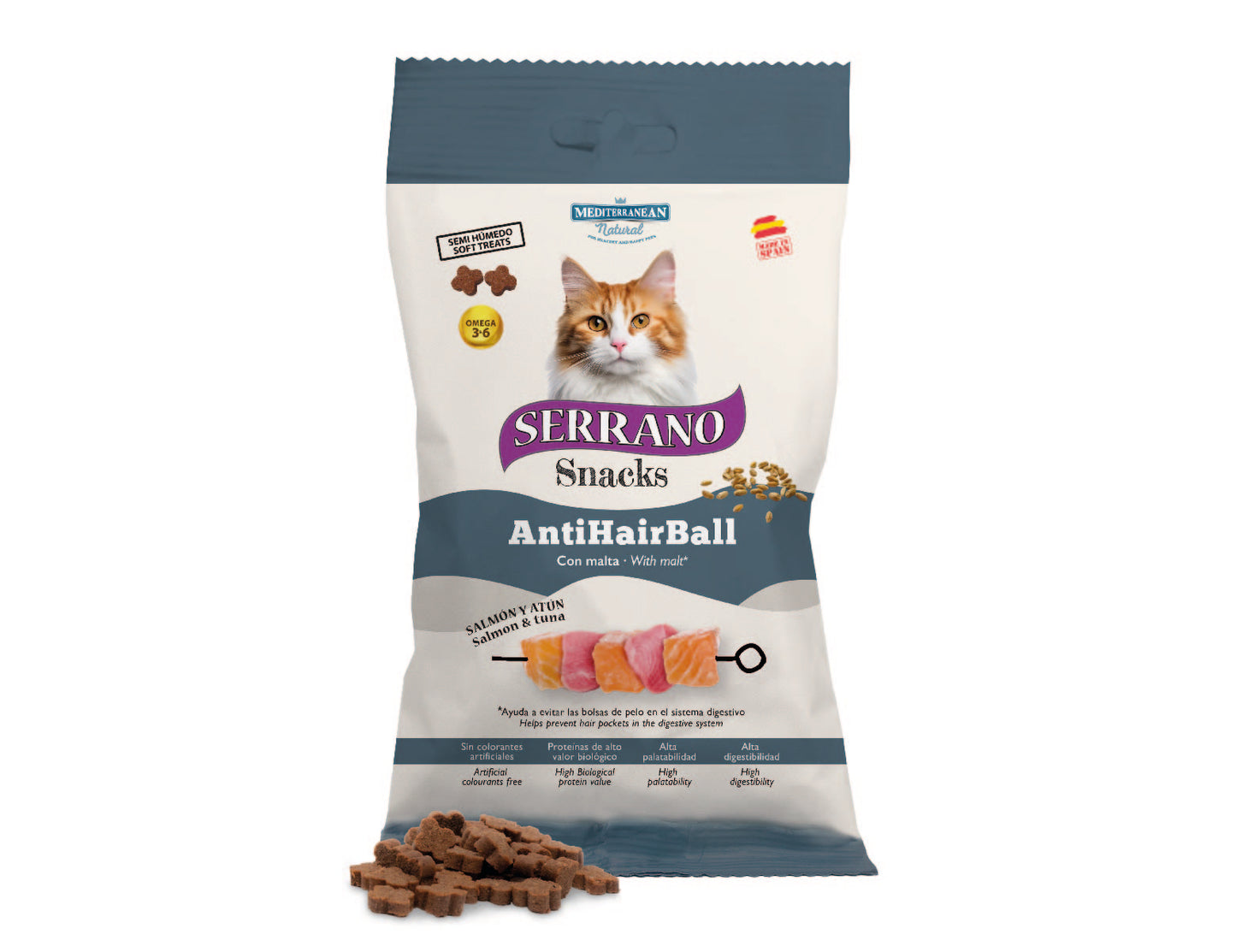 Snacks para Gato Serrano Anti-Hairball Salmão e Atum 50g – Mediterranean Natural